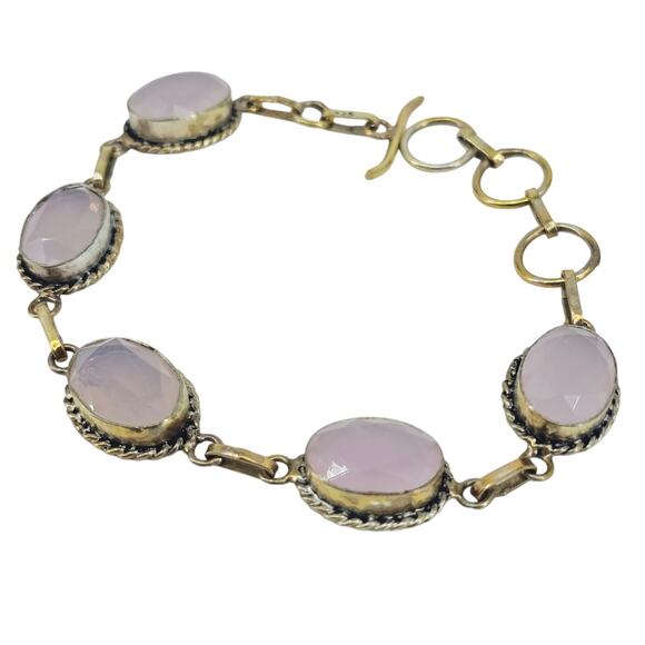 Rose Quartz Gemstone Handmade 925 Sterling Silver Jewelry Bracelet Sz 7-8" - Picture 1 of 6